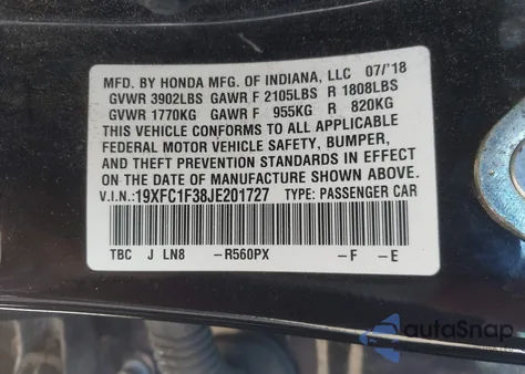 2018 Honda Civic Ex-T z USA, uszkodzony, nr VIN 19XFC1F38JE201727